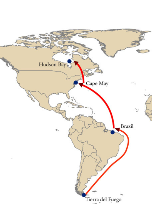 A map of Northa nd South America showing the stop over points