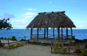 A small pavilion with a thatched roof and open sides on a platform near the ocean.