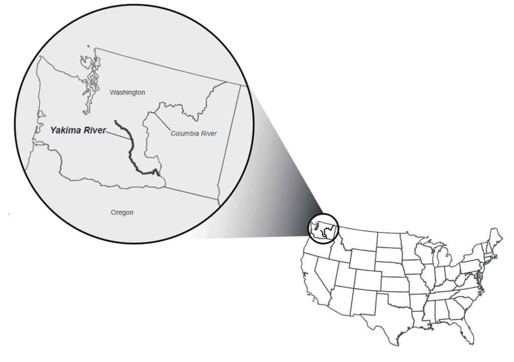 A map of America magnifying Washington and the Yamika river