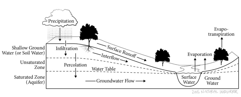 An illustration of how water moves underground during the water cycle