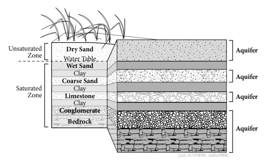 An illustration showing a coastal aquifer