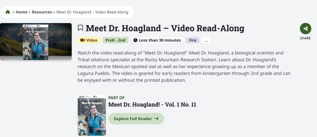 A screenshot of the video resource page for the Hoagland read-along.