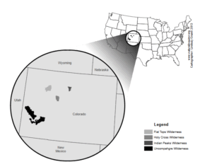 A map of Colorado highlighting the wilderness areas