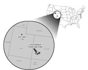 A map showing Salt Lake City and Uncompahgre Wilderness in Colorado