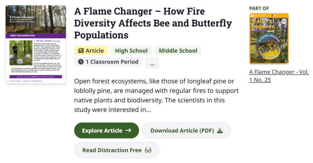 A screenshot of the article resource tile for "A Flame Changer" showing the three different format option buttons.