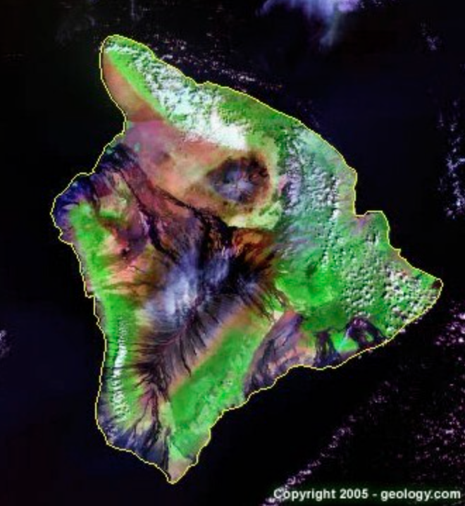 A landsat photograph of the large island in Hawai'i