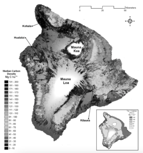 A landsat image of the big island with a key showing carbon density 