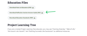 A screenshot of the education files and Project Learning Tree sections of the educator guide. An arrow points to the answer key for the reflection section questions.