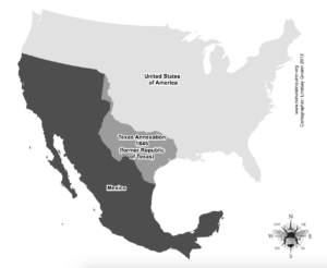 A map showing the U.S. and Mexico with the Texas annexation highlighted