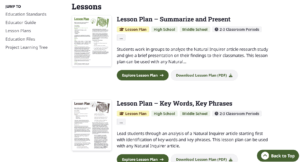 A screenshot showing the suggested lesson plans in the educator guide tab.