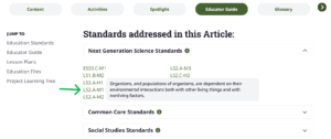 A screenshot of a product educator guide showing the list of NGSS standards and the tooltip for a particular standard that is viewable when the cursor hovers over it.