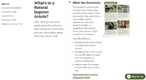 A screenshot of the "What's in an NI Article" section of the educator guide.