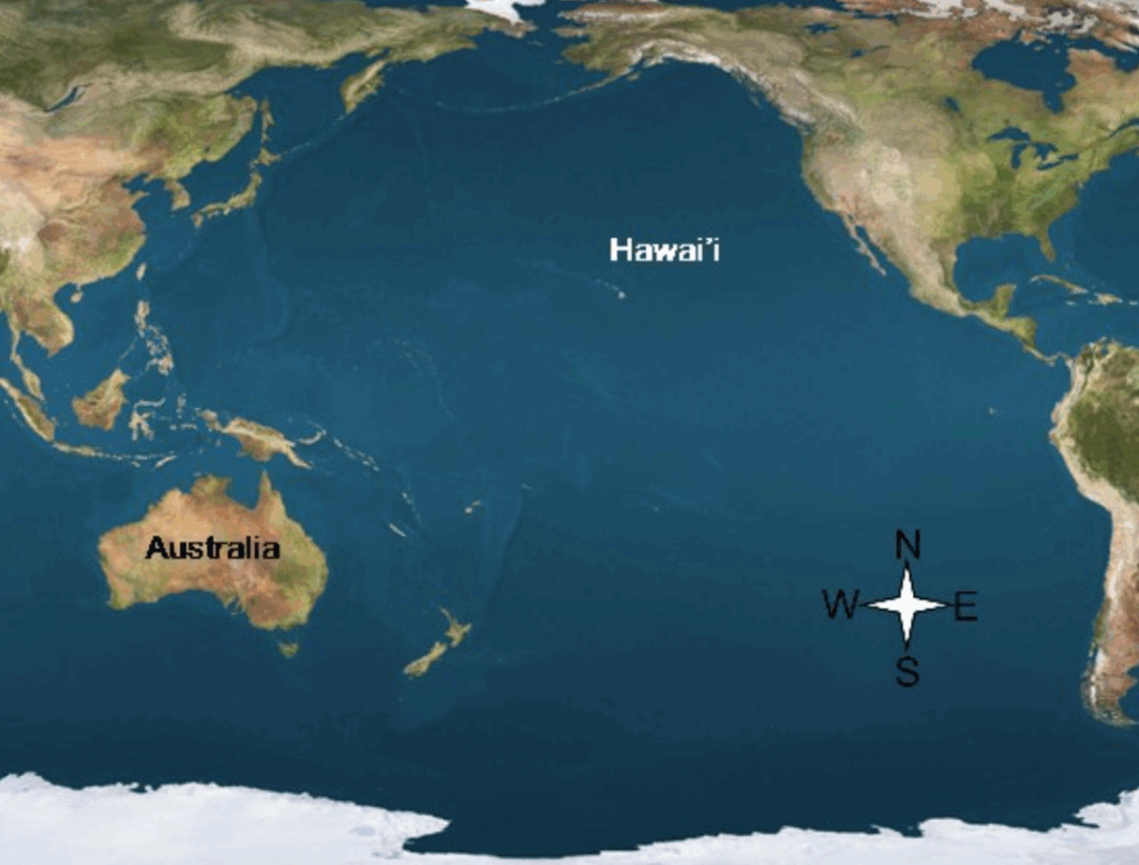 A map showing the pacific ocean and Hawaii and Australia
