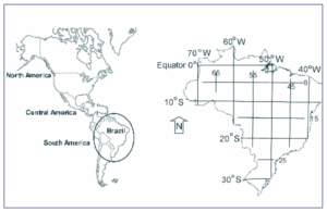 A map highlighting where Brazil is in South America. A close up of Brazil