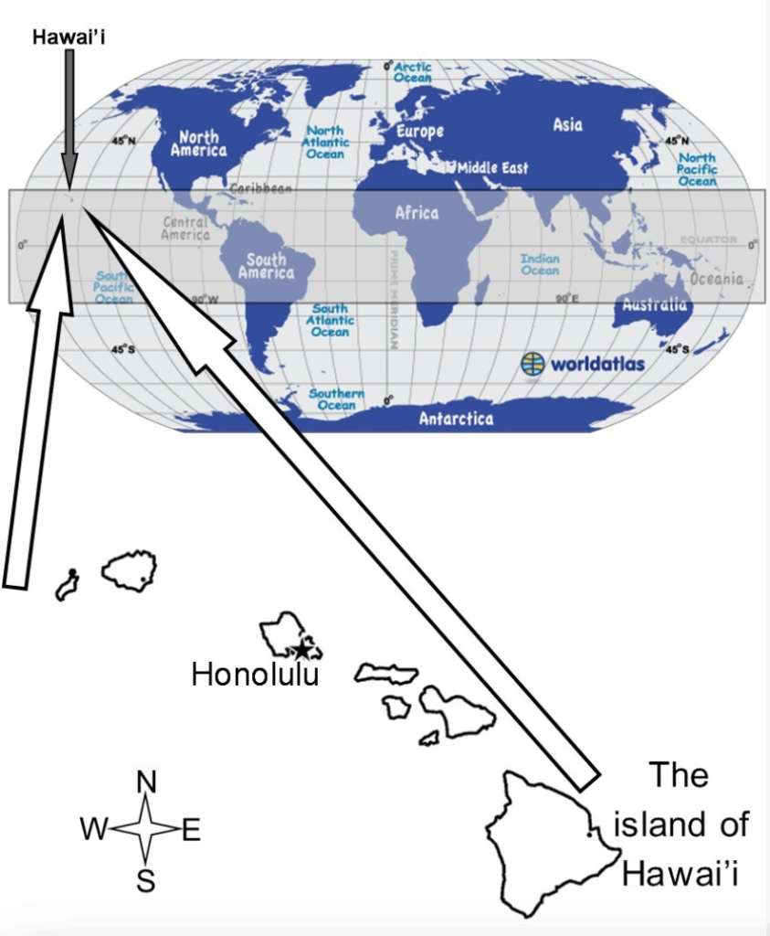 A map of the globe with Hawaii and Honolulu highlited