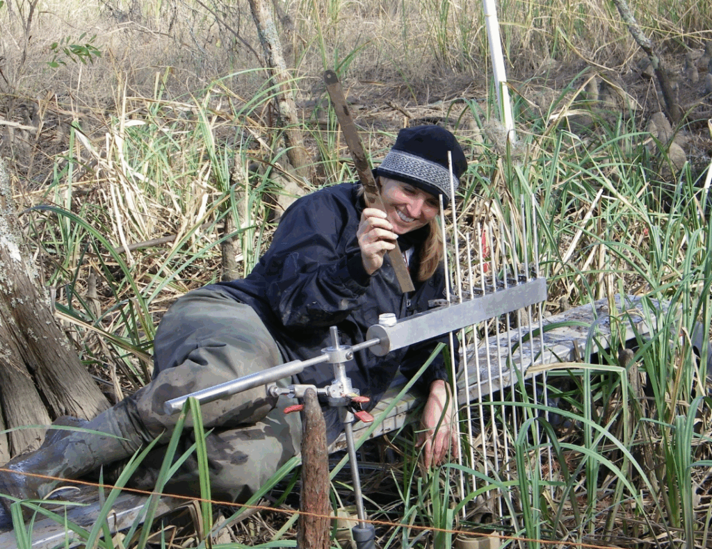 A scientist using a surface-elevation table at a testing site
