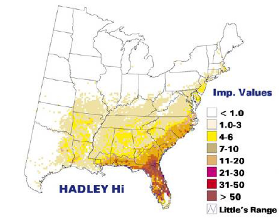 A map of the eastern U.S. showing the future range of slash pine