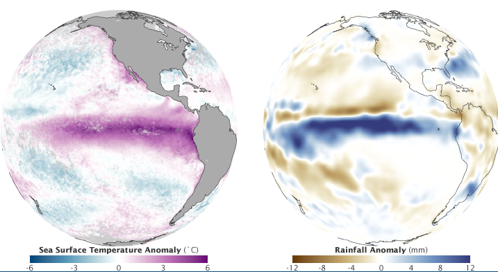 A graphic of two globes showing the relationship between ocean temperature and rainfall during the 1997 el Nino