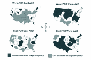 Four maps of the U.S. showing different drought frequencies