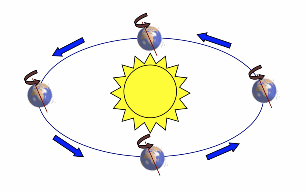 A graphic showing how earth spins on its axis an revolves around the sun