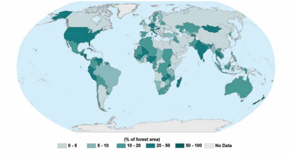 A graphic showing the percentage of forest land in each country set aside to conserve biodiversity, 2010.