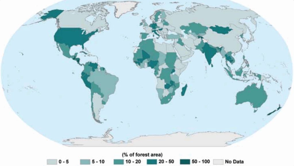 a globe graphic of the average area of forest damaged by insects yearly by country, 2005.