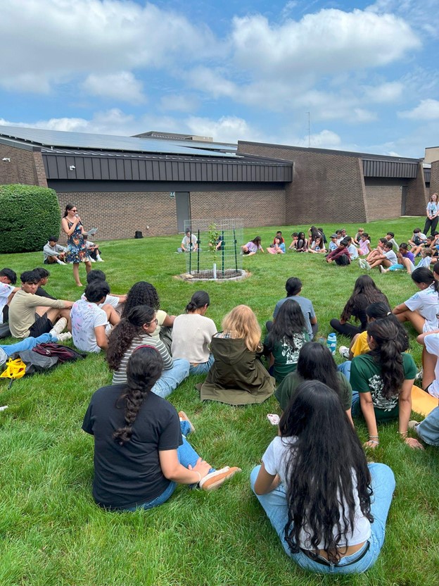 A small tree behind a fenced area with several students sitting around it