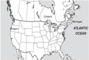 A map of North America highlighting Oregon, Ontario, and Michigan