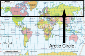 A map of the world with the Arctic Circle highlighted