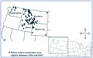 The Northwestern part of the U.S. showing wolverine range