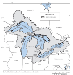 A map of the Great Lakes and the States that surround them