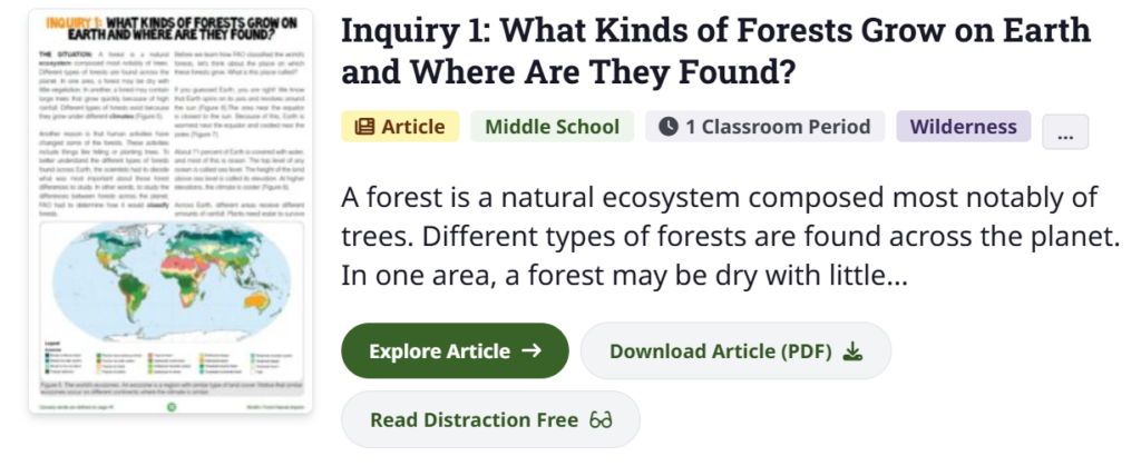 A screenshot of one of the Inquiries (articles) in World's Forests, showing the different format options for reading the article.