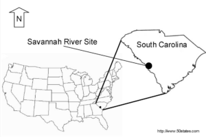 A map of the U.S. highlighting the Savannah River SIte