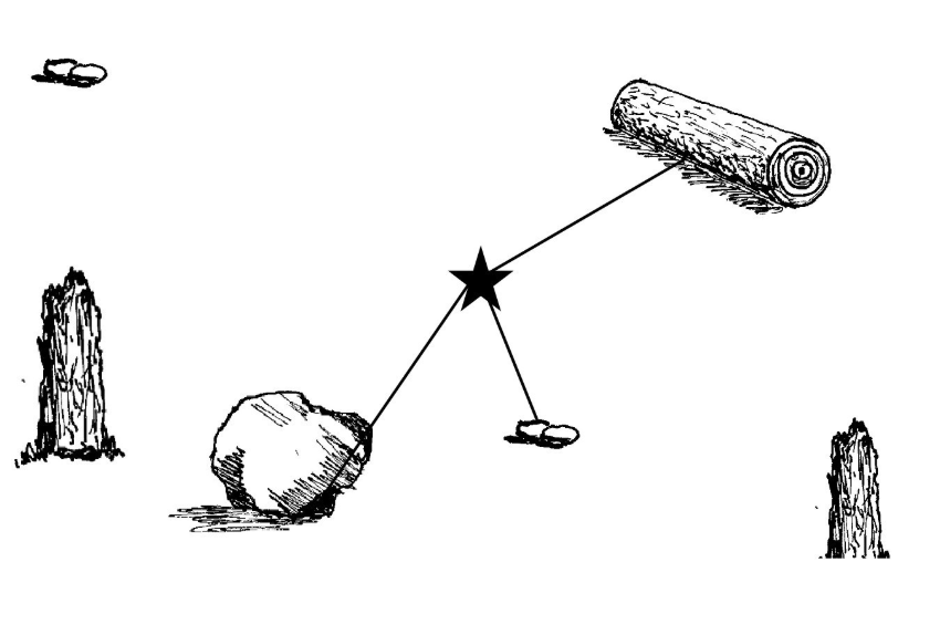 an illustration showing three objects around it, a rock, a limb, and a fallen tree