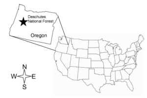 A map of America with Oregon highlighted and the Deschutes National Forest
