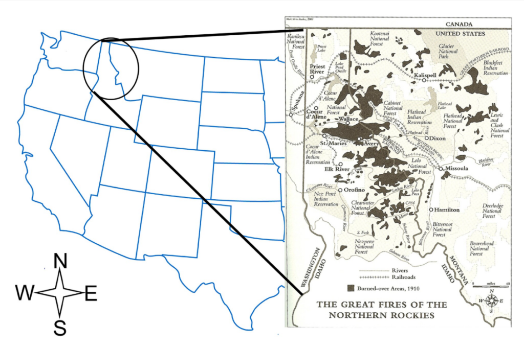 A map of the western U.S. magnifying Idaho and a map of the fires that happenned in the state