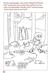 A coloring page from All About Forests showing a hiker throwing trash along a trail in a forest.