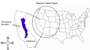 A map of the U.S. highlighting California and the Sierra Nevada.