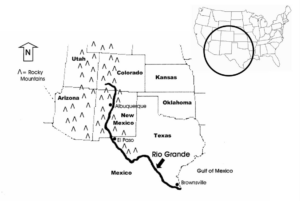 A map of the U.S. highlighting the southwestern region and the Rio Grande