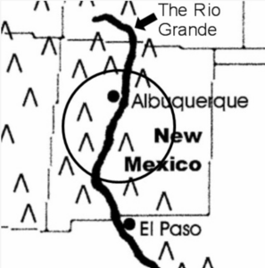 A graphic of New Mexico highlighting Albuquerque