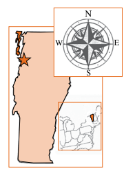 A map of vermont with a compass and a snapshot of where it is in Northeast America