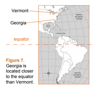 A map showing part of the globe with North and South America, the equator, and highlighting Georgia and Vermont