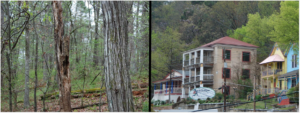 Two side by side photos one is a wooded area and the other is a house