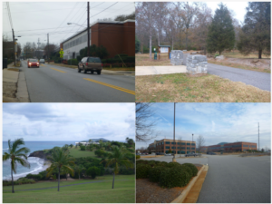 Four pictures showing different lan use. Top left is a road with cars, top right a driveway in a neighborhood, bottom left a beach, and bottom right a parking lot with a building.