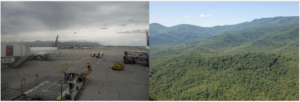 A side by side oh two photos one is an airport and the other a mountain with many trees