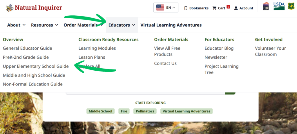 A screen shot of the Educators drop down menu from the homepage.