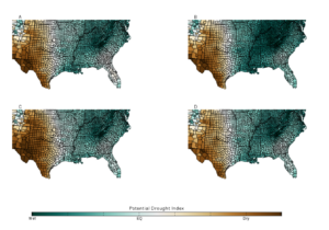 4 maps of the U.S. showing drought potantial