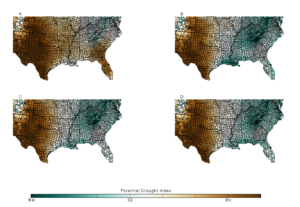 4 maps of the U.S. showing different drought potentials