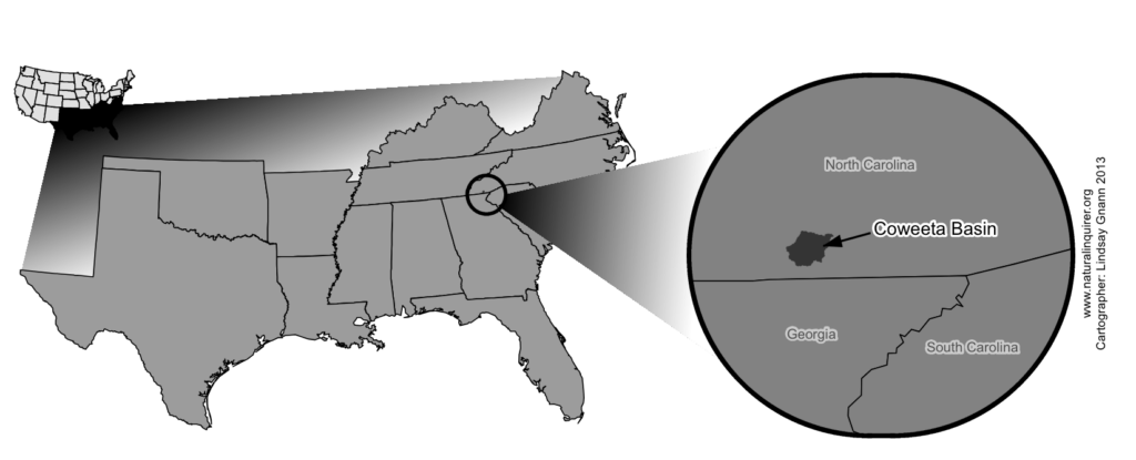 A map of the U.S. highlighting the Coweeta Basin in North Carolina