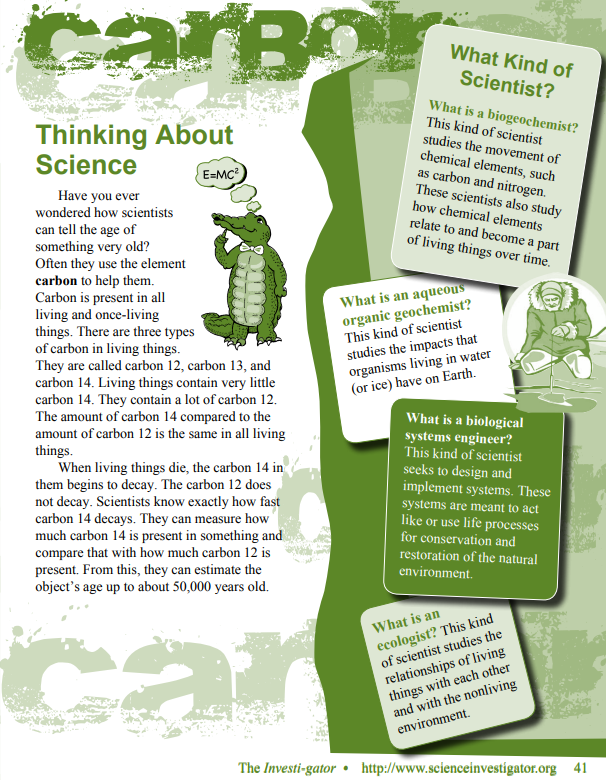 A sample Thinking About Science page from an Investi-gator